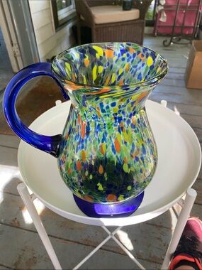 Handblown Multicolor Glass Pitcher with Cobalt Handle